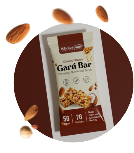 Wholesome Garri Bar Classic flavor with coffee background and six almonds on white surface