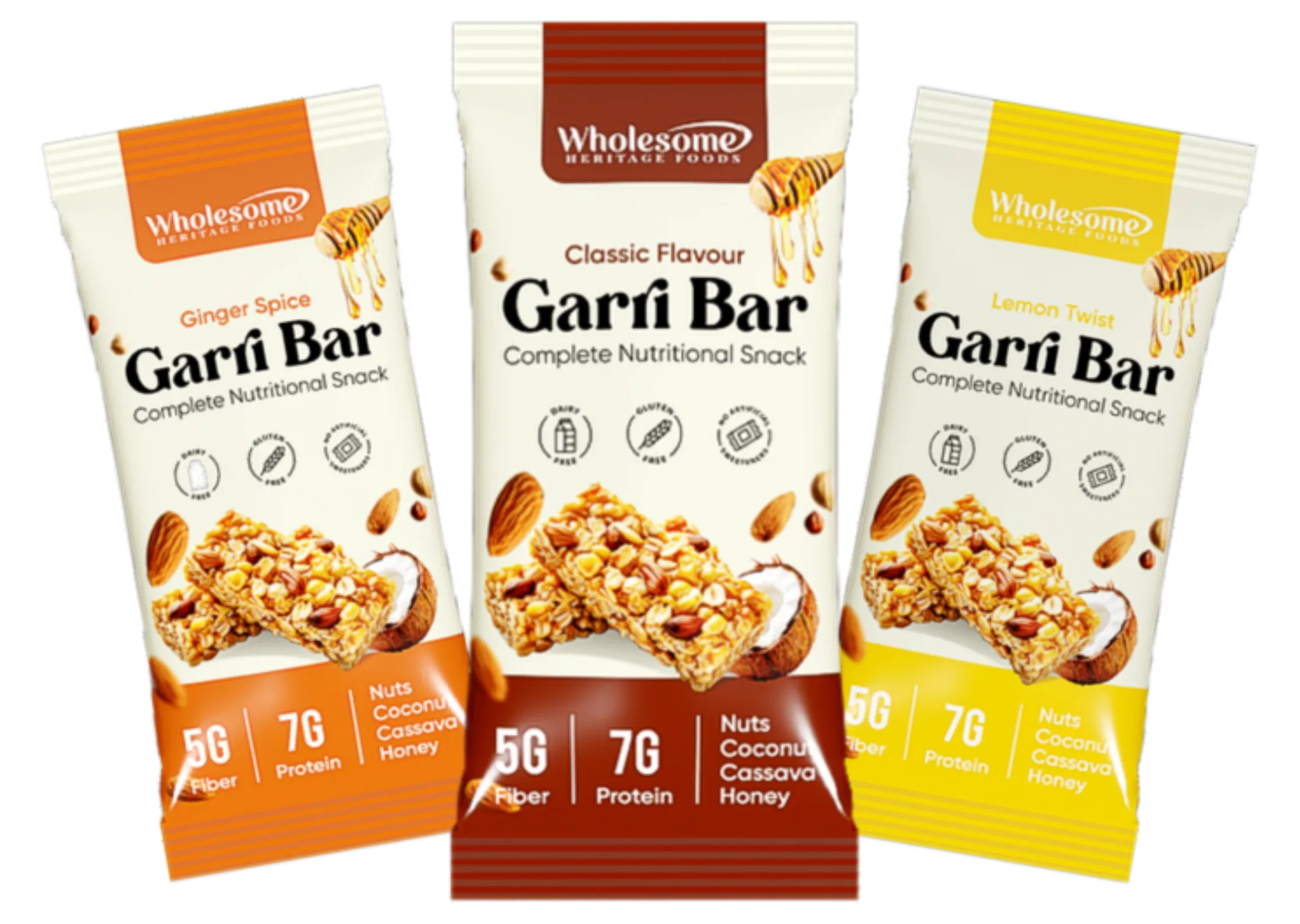 Three flavors of Wholesome Heritage Foods' Garri Bar: Ginger Spice, Classic Flavour, and Lemon Twist